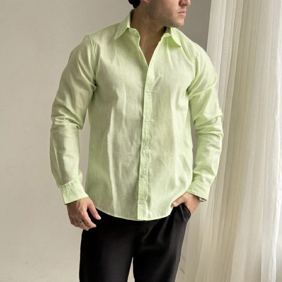 Camisa Lino Italian New Collection Manga Larga Verde Menta