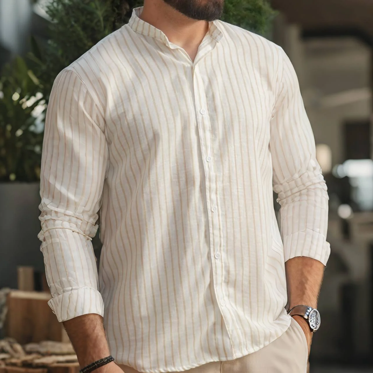 Camisa Manga Larga Lino New Edition Santorini Amarillo Rayas