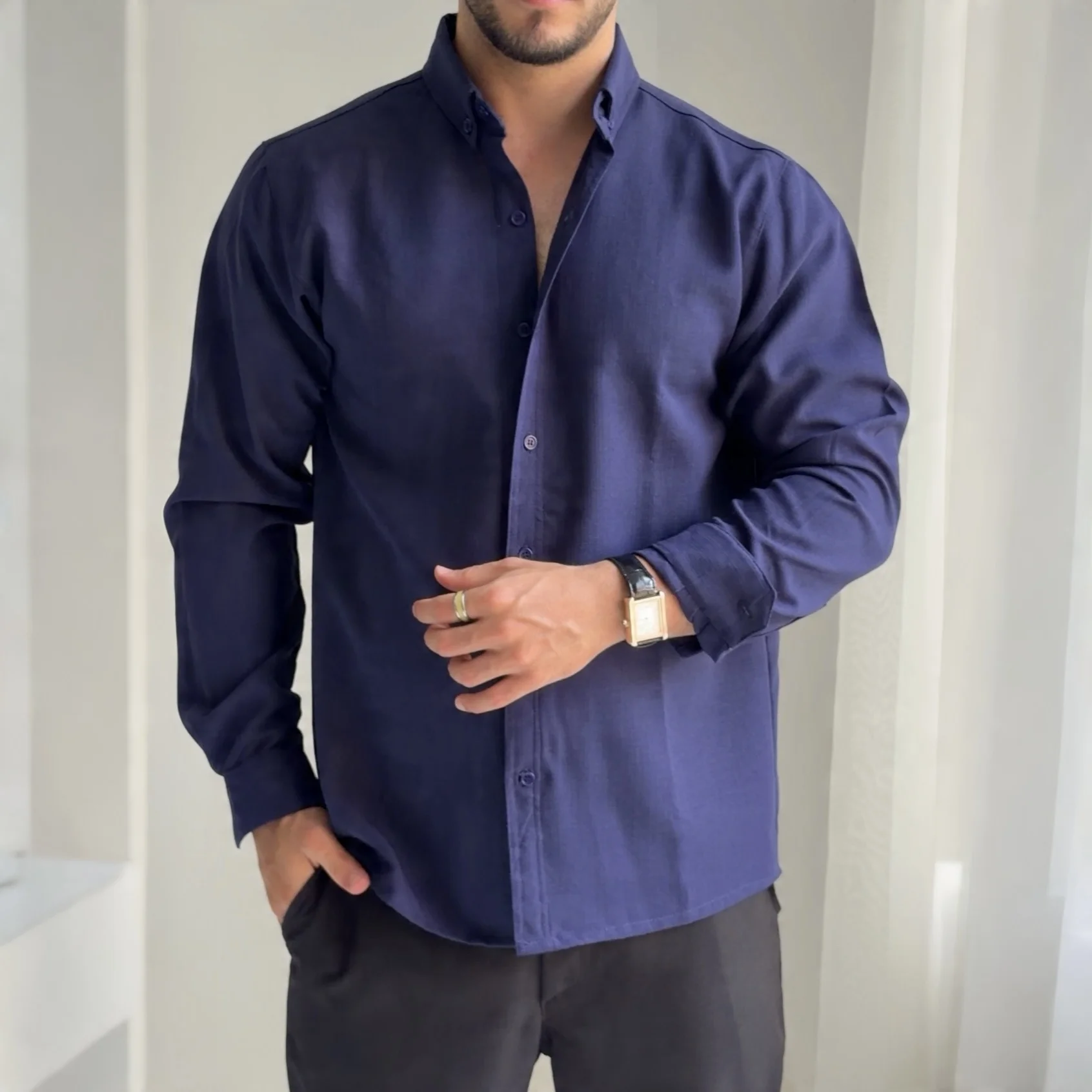 Camisa Manga Larga Lino Egipcian Azul Marino